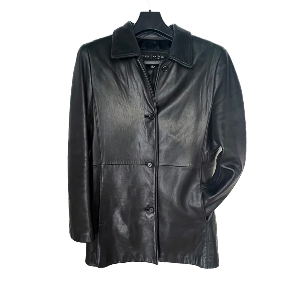 Marc New York Women L Black Genuine Leather Jacket Coat | Pockets, Lined 90s Lux - Picture 1 of 15